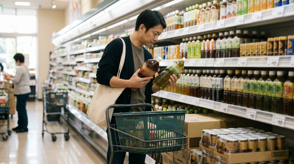 スーパーの飲料棚で2Lの麦茶とペットボトル緑茶の値札を見比べる日本人男性