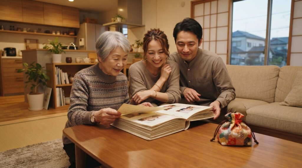七五三を終えてリビングで写真アルバムを囲み微笑む家族