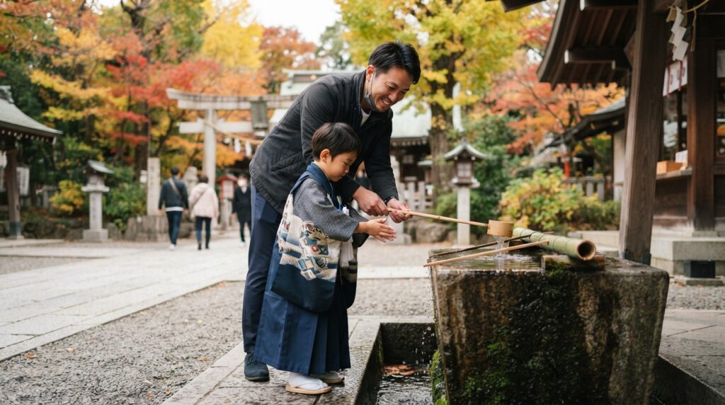 神社の境内で手を清める袴姿の男の子と見守る父親