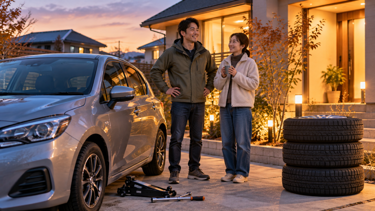 スタッドレスに交換を終えた車の前で安心した表情の家族