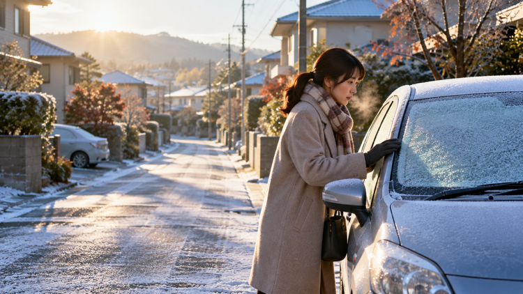 晩秋の朝、薄い霜が降りた住宅街の道路と駐車中の車
