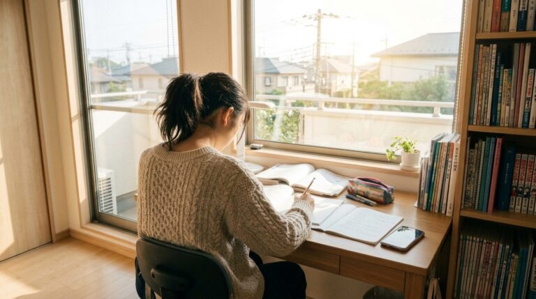 机に並べた数本のシャーペンとノートで勉強する中高生の手元