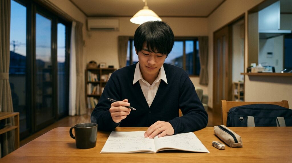 お気に入りのシャーペンを手に、明るい表情で問題集に向かう高校生