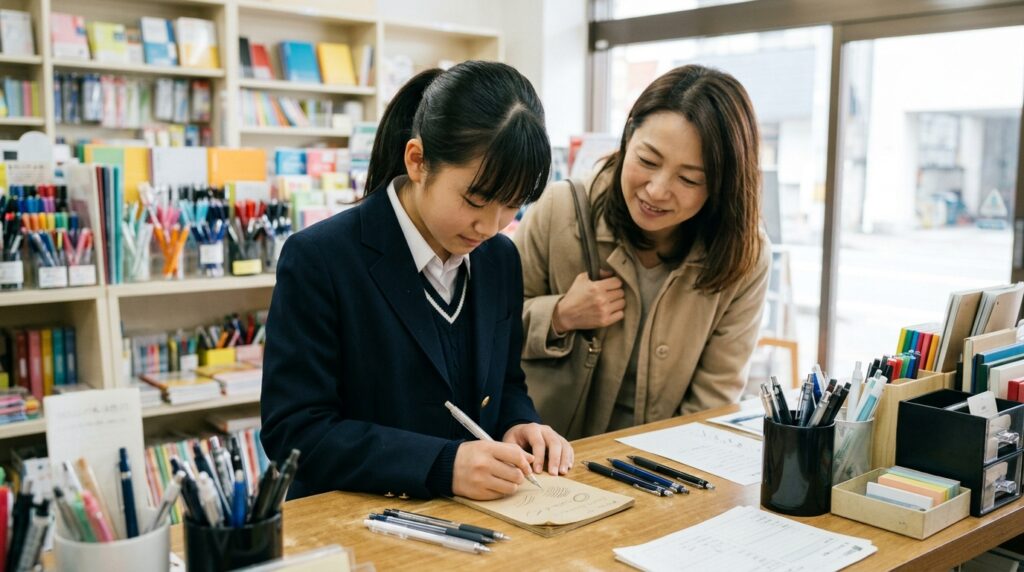 文具店の売り場でシャーペンを試し書きしている中学生と保護者