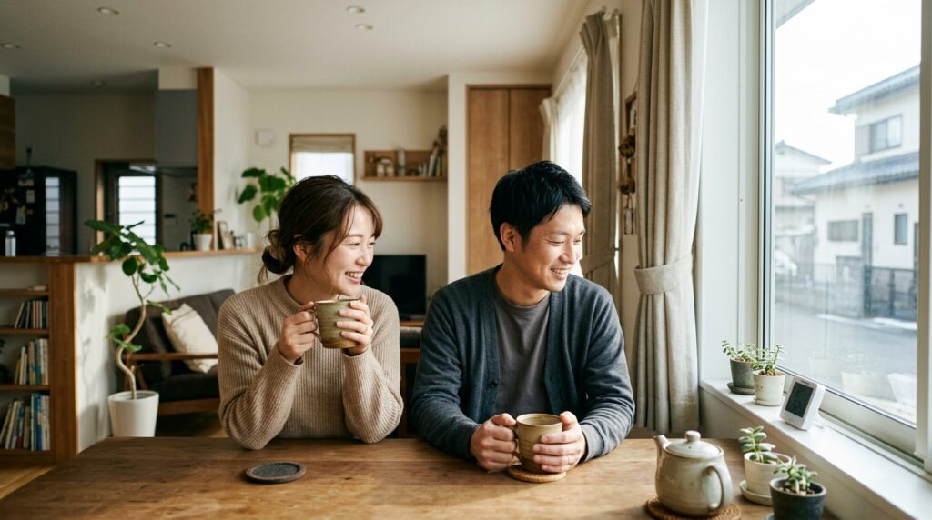 断熱シートを貼った明るい窓辺で、湿度計を見ながら温かい飲み物を楽しむ夫婦
