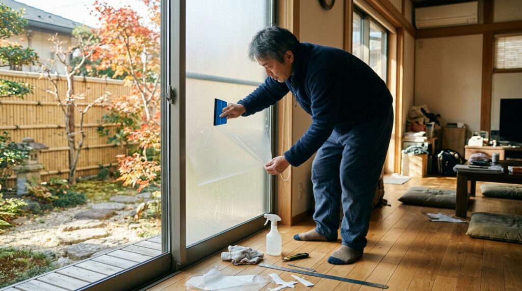 リビングの窓に透明な断熱シートを霧吹きで貼っている日本人男性