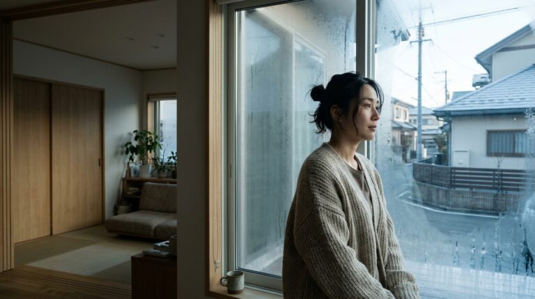 冬の朝、結露した窓ガラスに手を添えて外を見る日本人女性